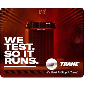 Trane HVAC system on slab, We Test It So It Runs white text on red background